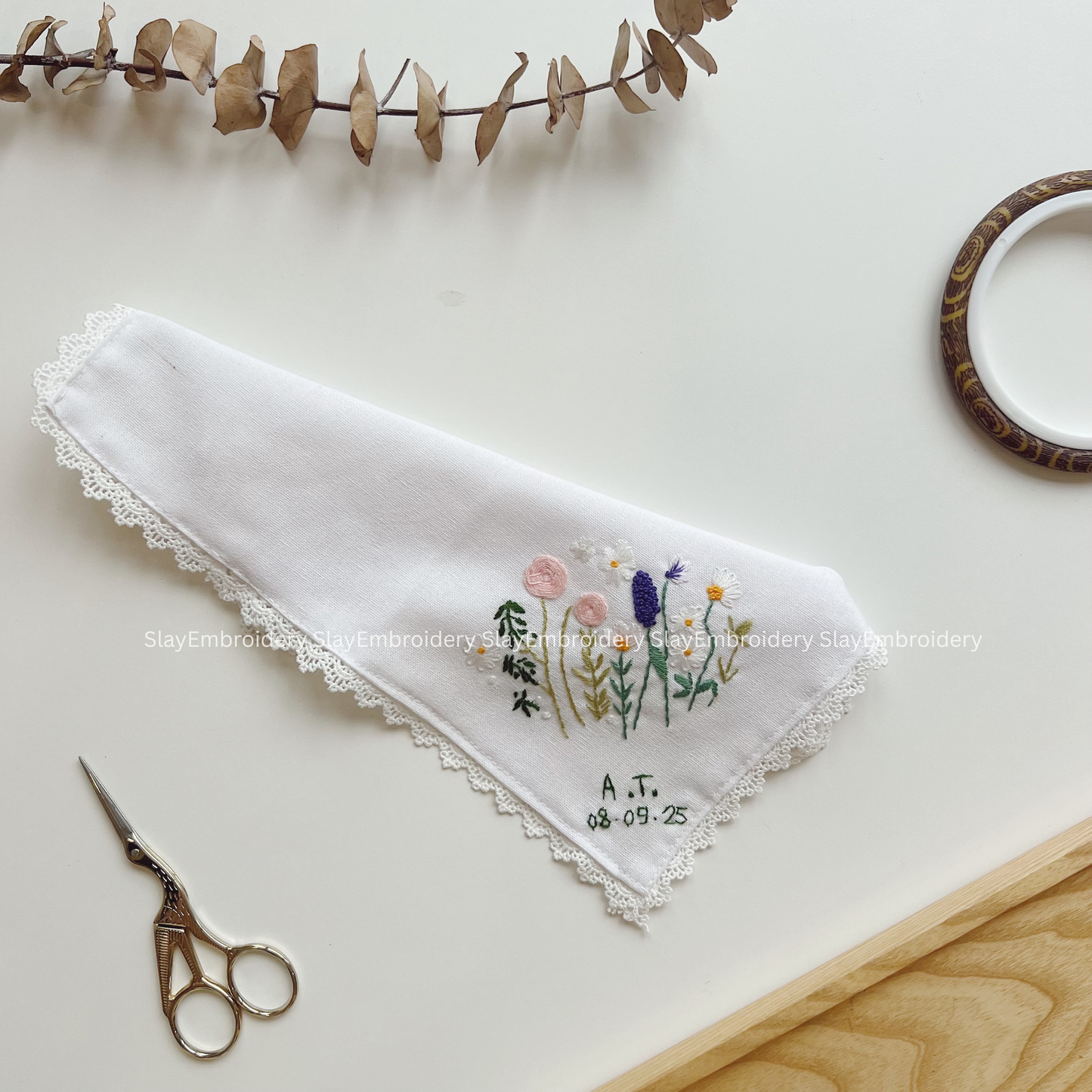 Pastel Field Wedding Handkerchief, Custom Embroidered Handkerchief, Linen Handkerchiefs