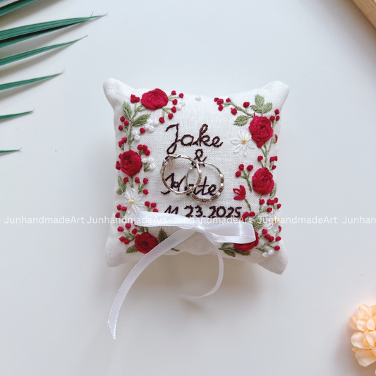 Red Roses Bearer Pillow Linen Wedding Cushion Hand Embroidery Ring Holder Floral Ring Pillow Wedding Gift