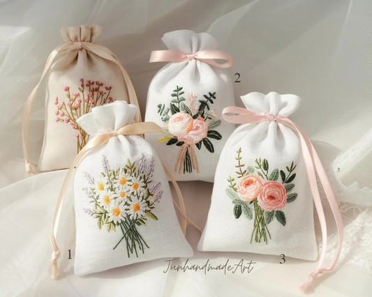 Personalized Embroidered Wedding Sachet Bag – Wedding Favor Gift, Linen Lavender Pouch, Custom Name & Date