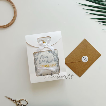 Personalized Embroidered Ring Bearer Pillow, Winter Flower Linen Wedding Gift, Hand Embroidery Ring Holder Leaf Woodland Pillow, Custom Name