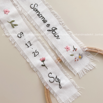 Personalized Set Embroidered Ring Bearer Pillow and Ribbon, Linen Wedding Cushion, Hand Embroidery Ring Holder, Floral Ring Pillow Wedding