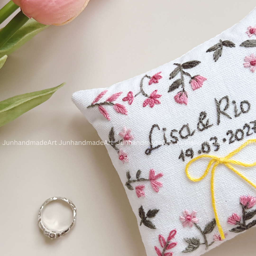 Joyful Pink Embroidered Wedding Ribbon – Custom Linen Tie for Bouquet or Hair, Hand-stitched with Names & Date, Bridal Keepsake Gift