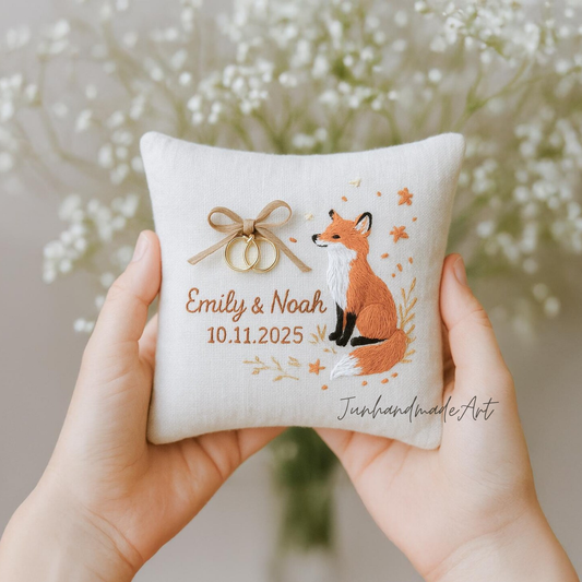 Personalized Embroidered Ring Bearer Pillow, Autumn Fox Linen Wedding Gift, Hand Embroidery Ring Holder Fox Woodland Pillow, Custom Name