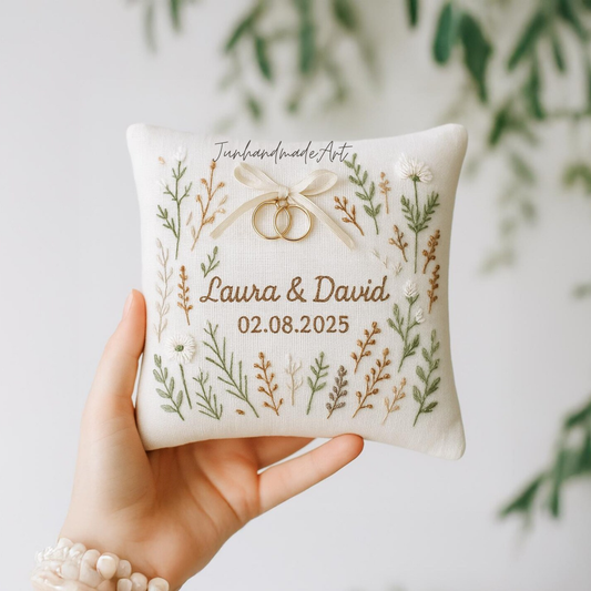 Personalized Embroidered Ring Bearer Pillow, Winter Flower Linen Wedding Gift, Hand Embroidery Ring Holder Leaf Woodland Pillow, Custom Name