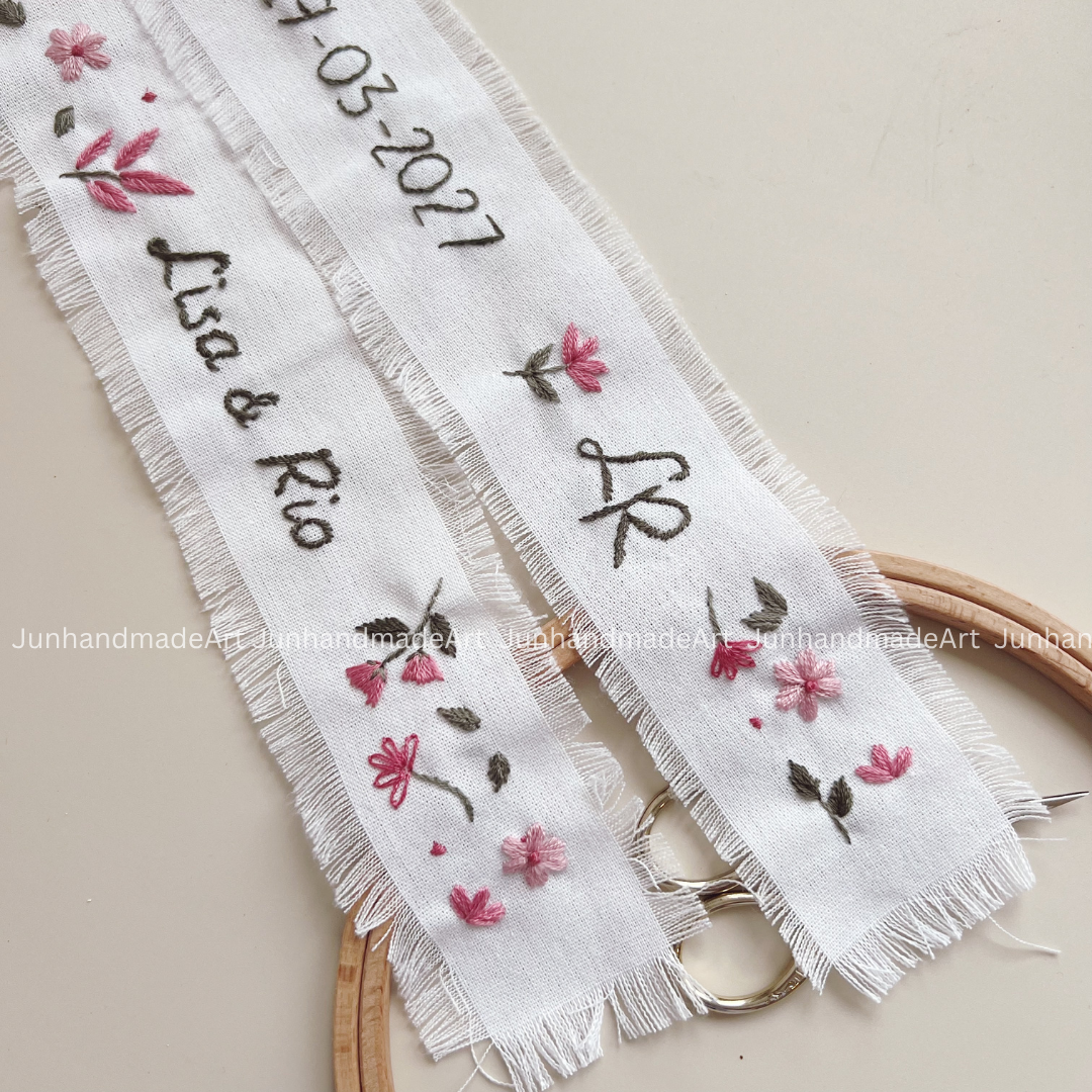 Personalized Set Embroidered Ring Bearer Pillow and Ribbon, Linen Wedding Cushion, Hand Embroidery Ring Holder, Floral Ring Pillow Wedding