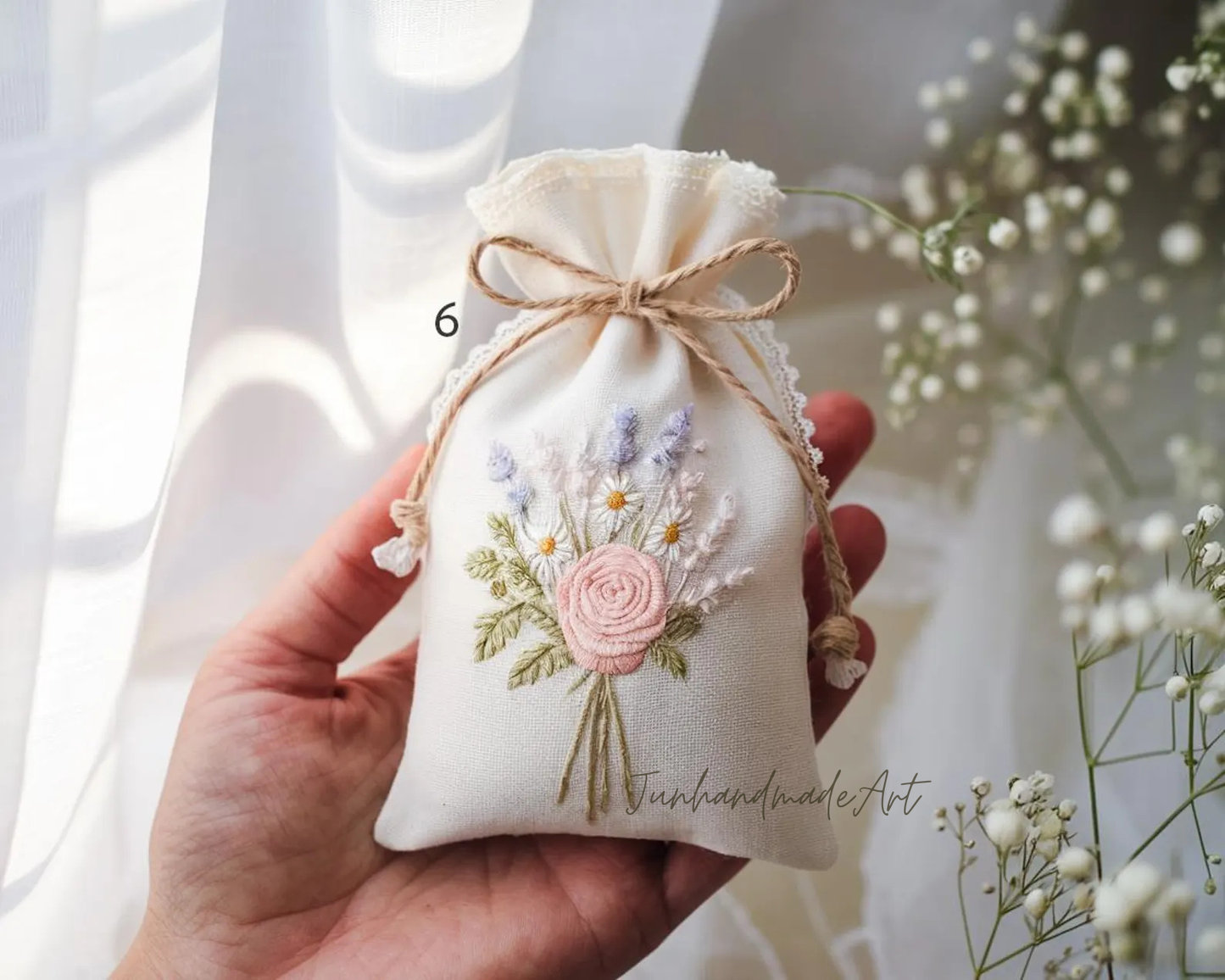 Personalized Embroidered Wedding Sachet Bag – Wedding Favor Gift, Linen Lavender Pouch, Custom Name & Date