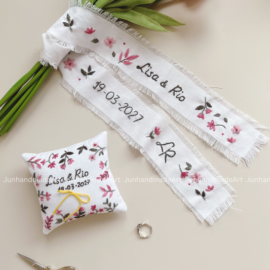 Joyful Pink Embroidered Wedding Ribbon – Custom Linen Tie for Bouquet or Hair, Hand-stitched with Names & Date, Bridal Keepsake Gift