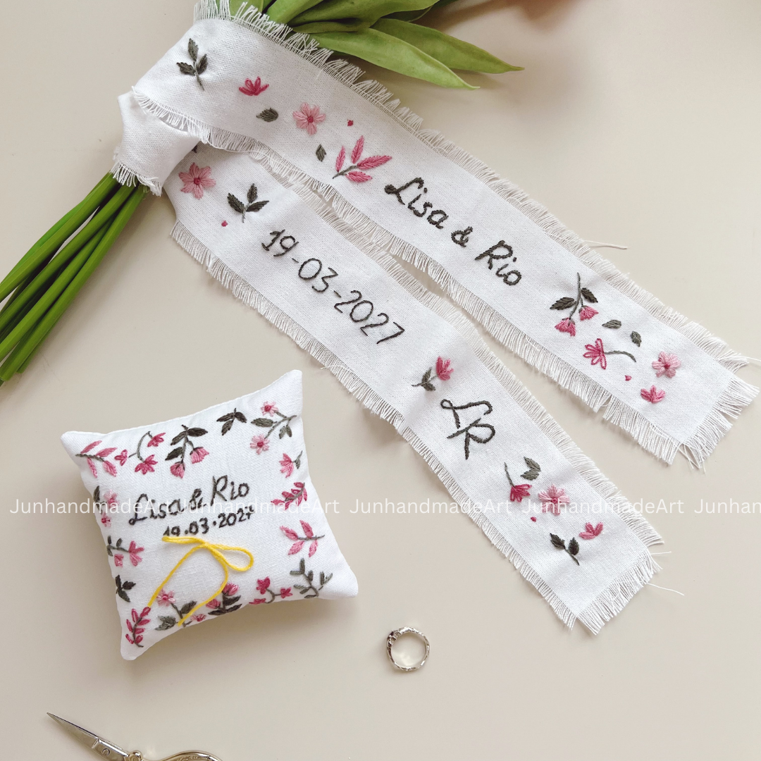 Personalized Set Embroidered Ring Bearer Pillow and Ribbon, Linen Wedding Cushion, Hand Embroidery Ring Holder, Floral Ring Pillow Wedding