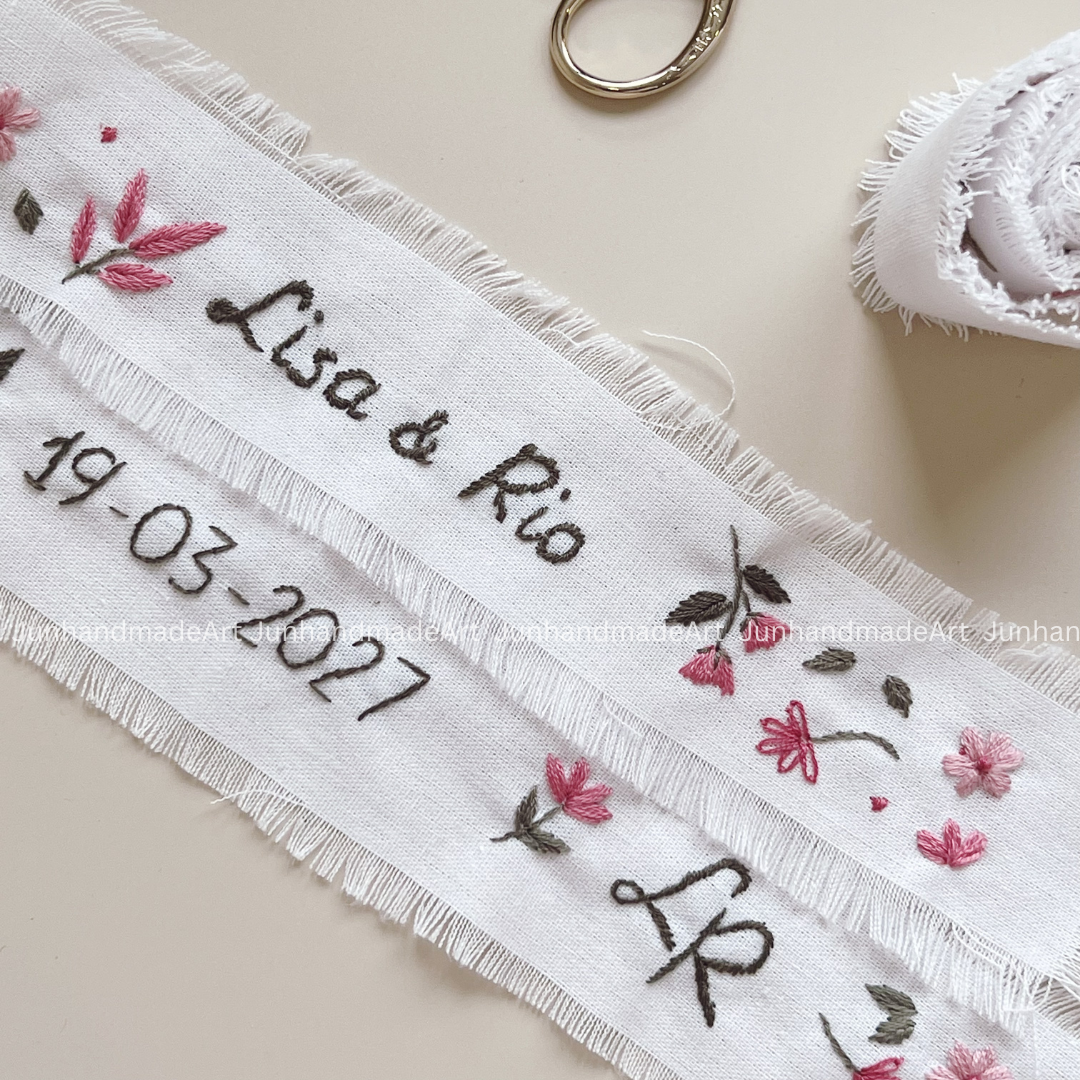 Personalized Set Embroidered Ring Bearer Pillow and Ribbon, Linen Wedding Cushion, Hand Embroidery Ring Holder, Floral Ring Pillow Wedding