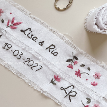 Personalized Set Embroidered Ring Bearer Pillow and Ribbon, Linen Wedding Cushion, Hand Embroidery Ring Holder, Floral Ring Pillow Wedding