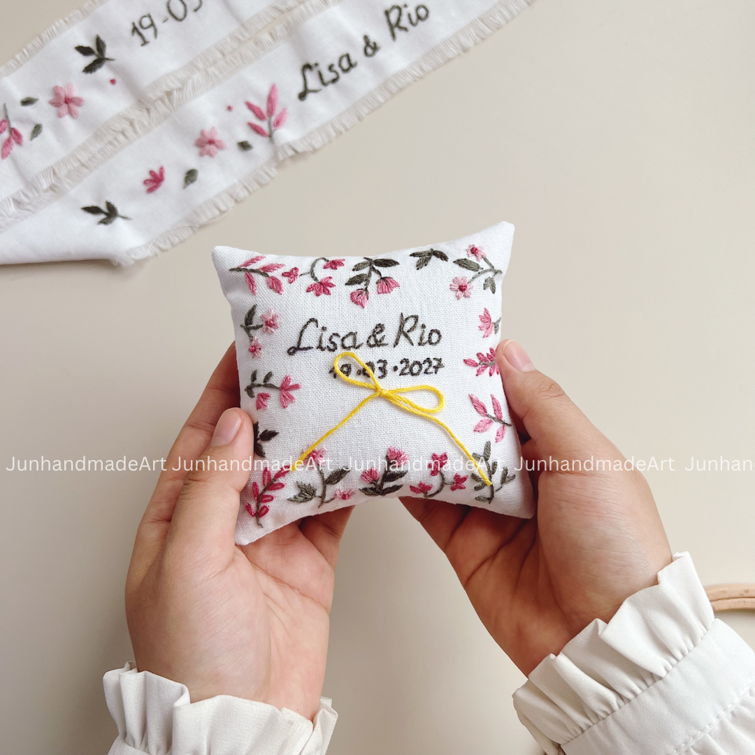 Joyful Pink Embroidered Wedding Ribbon – Custom Linen Tie for Bouquet or Hair, Hand-stitched with Names & Date, Bridal Keepsake Gift