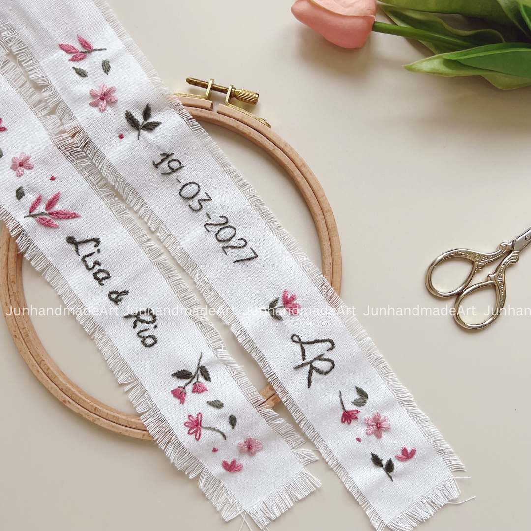 Joyful Pink Embroidered Wedding Ribbon – Custom Linen Tie for Bouquet or Hair, Hand-stitched with Names & Date, Bridal Keepsake Gift
