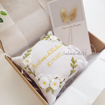 Personalized Embroidered Ring Bearer Pillow, Custom Linen Wedding Cushion, Hand Embroidery Ring Holder, Floral Ring Pillow, Wedding Gift