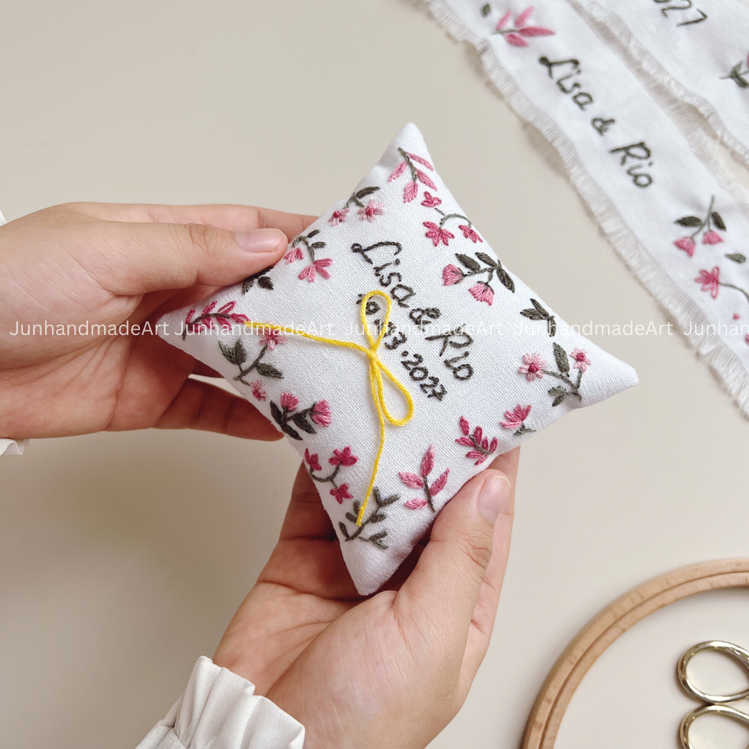 Joyful Pink Embroidered Wedding Ribbon – Custom Linen Tie for Bouquet or Hair, Hand-stitched with Names & Date, Bridal Keepsake Gift