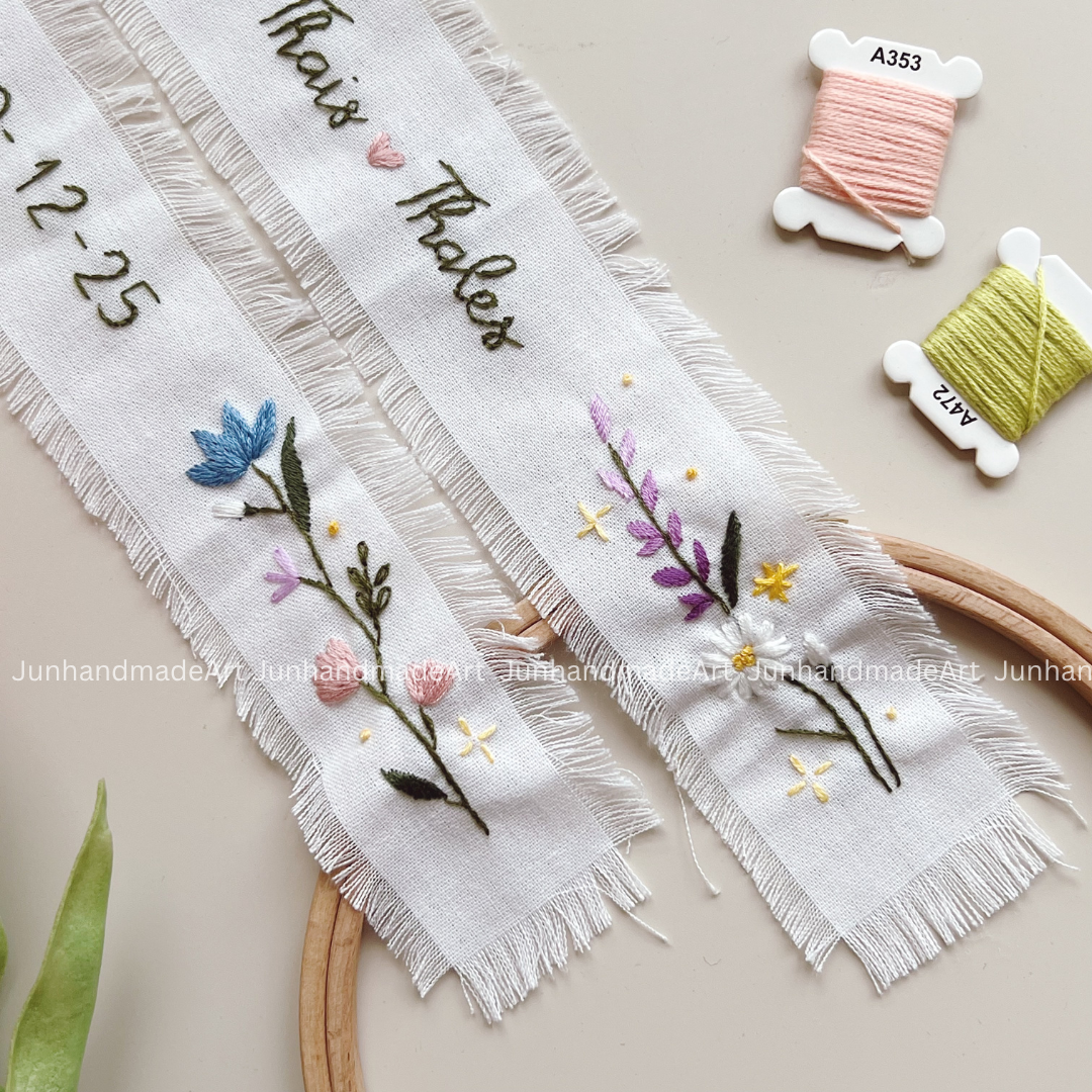 Beautiful Garden Embroidered Wedding Ribbon – Custom Linen Tie for Bouquet or Hair, Hand-stitched with Names & Date, Bridal Keepsake Gift