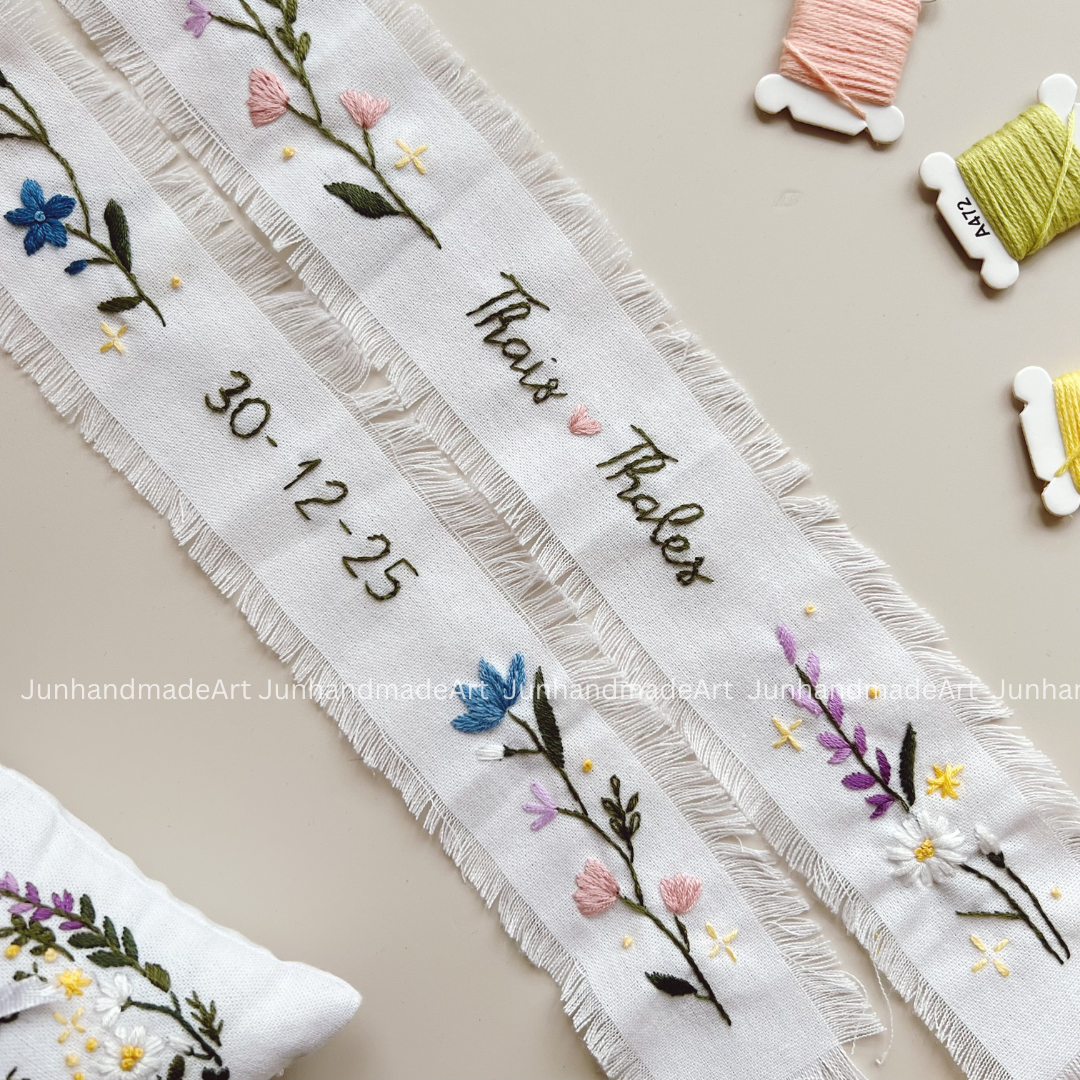 Beautiful Garden Embroidered Wedding Ribbon – Custom Linen Tie for Bouquet or Hair, Hand-stitched with Names & Date, Bridal Keepsake Gift