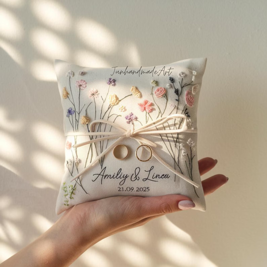 Personalized Embroidered Ring Bearer Pillow, Custom Linen Wedding Cushion, Hand Embroidery Ring Holder, Floral Ring Pillow, Wedding Gift