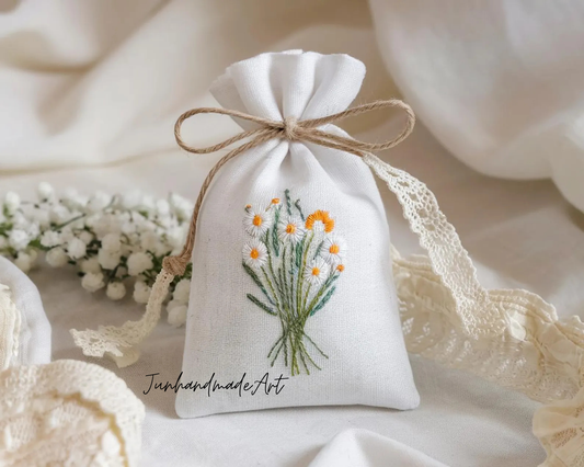 Personalized Embroidered Wedding Sachet Bag – Wedding Favor Gift, Linen Lavender Pouch, Custom Name & Date