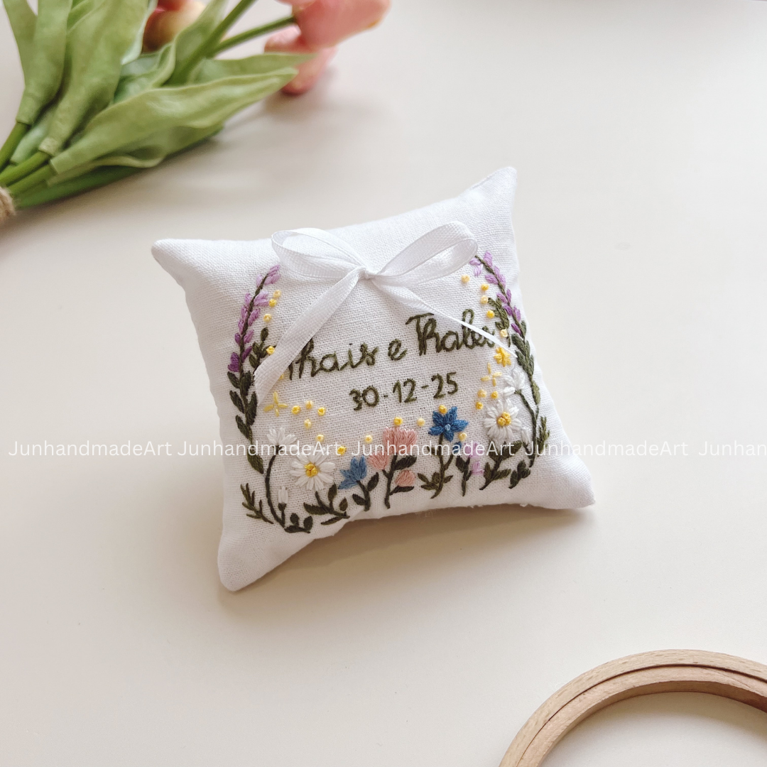 Beautiful Garden Embroidered Wedding Ribbon – Custom Linen Tie for Bouquet or Hair, Hand-stitched with Names & Date, Bridal Keepsake Gift