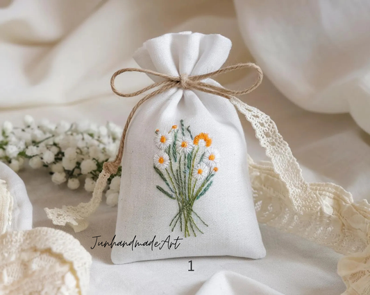 Personalized Embroidered Wedding Sachet Bag – Wedding Favor Gift, Linen Lavender Pouch, Custom Name & Date