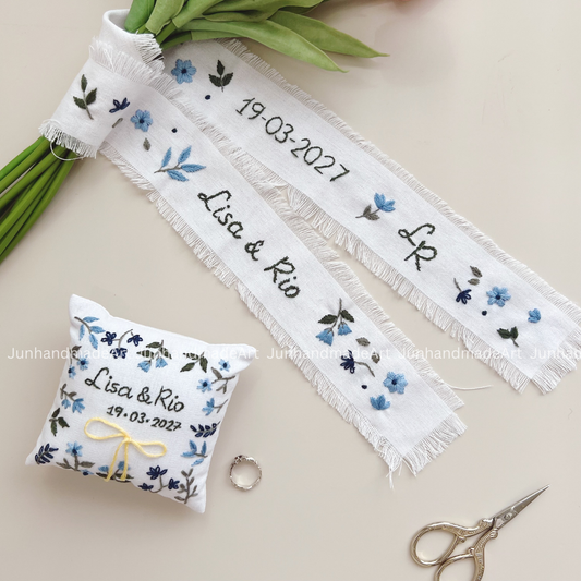 Personalized Set Embroidered Ring Bearer Pillow and Ribbon, Linen Wedding Cushion, Hand Embroidery Ring Holder, Floral Ring Pillow Wedding
