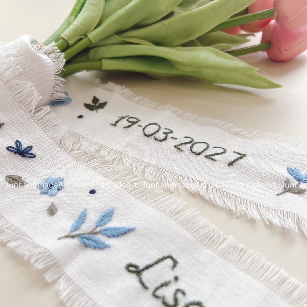 Dreamy Blue Embroidered Wedding Ribbon – Custom Linen Tie for Bouquet or Hair, Hand-stitched with Names & Date, Bridal Keepsake Gift