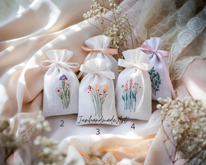 Personalized Embroidered Wedding Sachet Bag – Wedding Favor Gift, Linen Lavender Pouch, Custom Name & Date