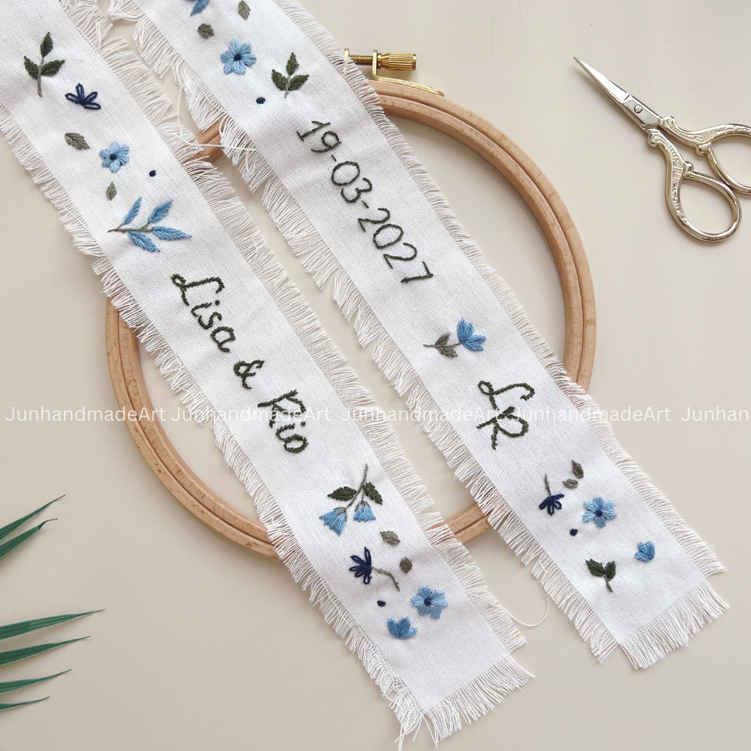 Dreamy Blue Embroidered Wedding Ribbon – Custom Linen Tie for Bouquet or Hair, Hand-stitched with Names & Date, Bridal Keepsake Gift
