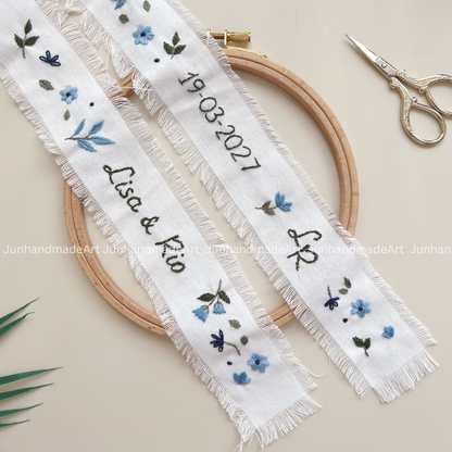 Personalized Set Embroidered Ring Bearer Pillow and Ribbon, Linen Wedding Cushion, Hand Embroidery Ring Holder, Floral Ring Pillow Wedding