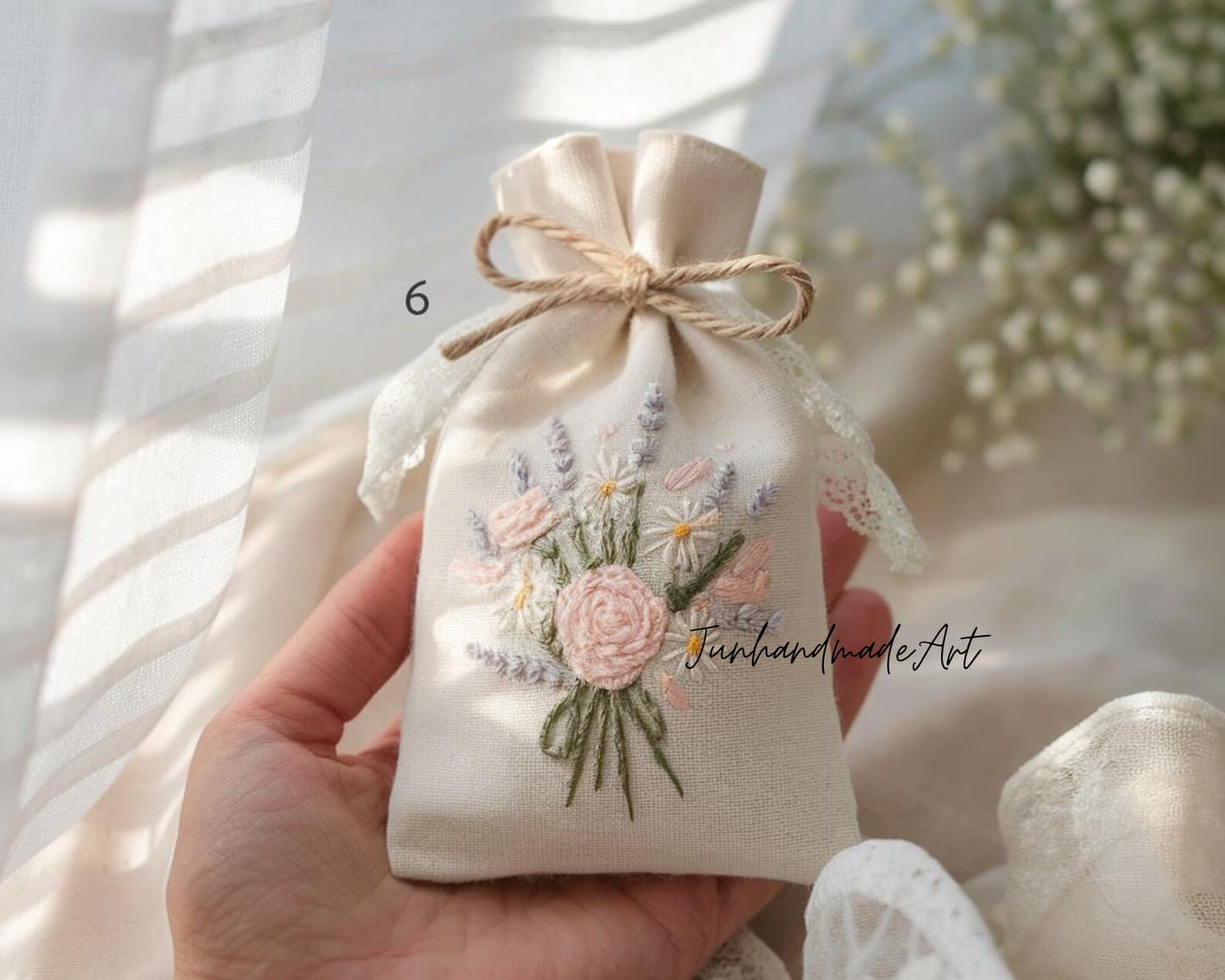 Personalized Embroidered Wedding Sachet Bag – Wedding Favor Gift, Linen Lavender Pouch, Custom Name & Date