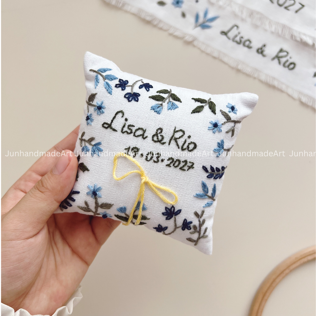 Personalized Set Embroidered Ring Bearer Pillow and Ribbon, Linen Wedding Cushion, Hand Embroidery Ring Holder, Floral Ring Pillow Wedding