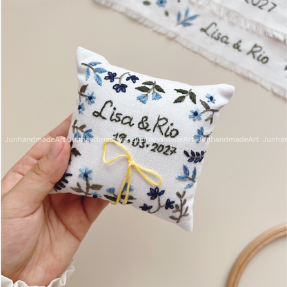 Personalized Set Embroidered Ring Bearer Pillow and Ribbon, Linen Wedding Cushion, Hand Embroidery Ring Holder, Floral Ring Pillow Wedding