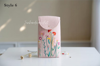 Hand Embroidered Floral Eyeglass Case, Soft Linen Glasses Pouch, Custom Sunglasses Holder Gift for Her
