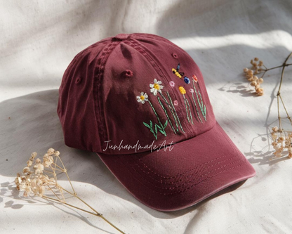 Embroidered Flower Hat – Vintage Washed Baseball Cap, Floral Cotton Hat, Soft Aesthetic Gift for Her