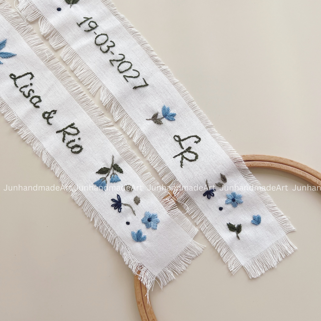 Dreamy Blue Embroidered Wedding Ribbon – Custom Linen Tie for Bouquet or Hair, Hand-stitched with Names & Date, Bridal Keepsake Gift