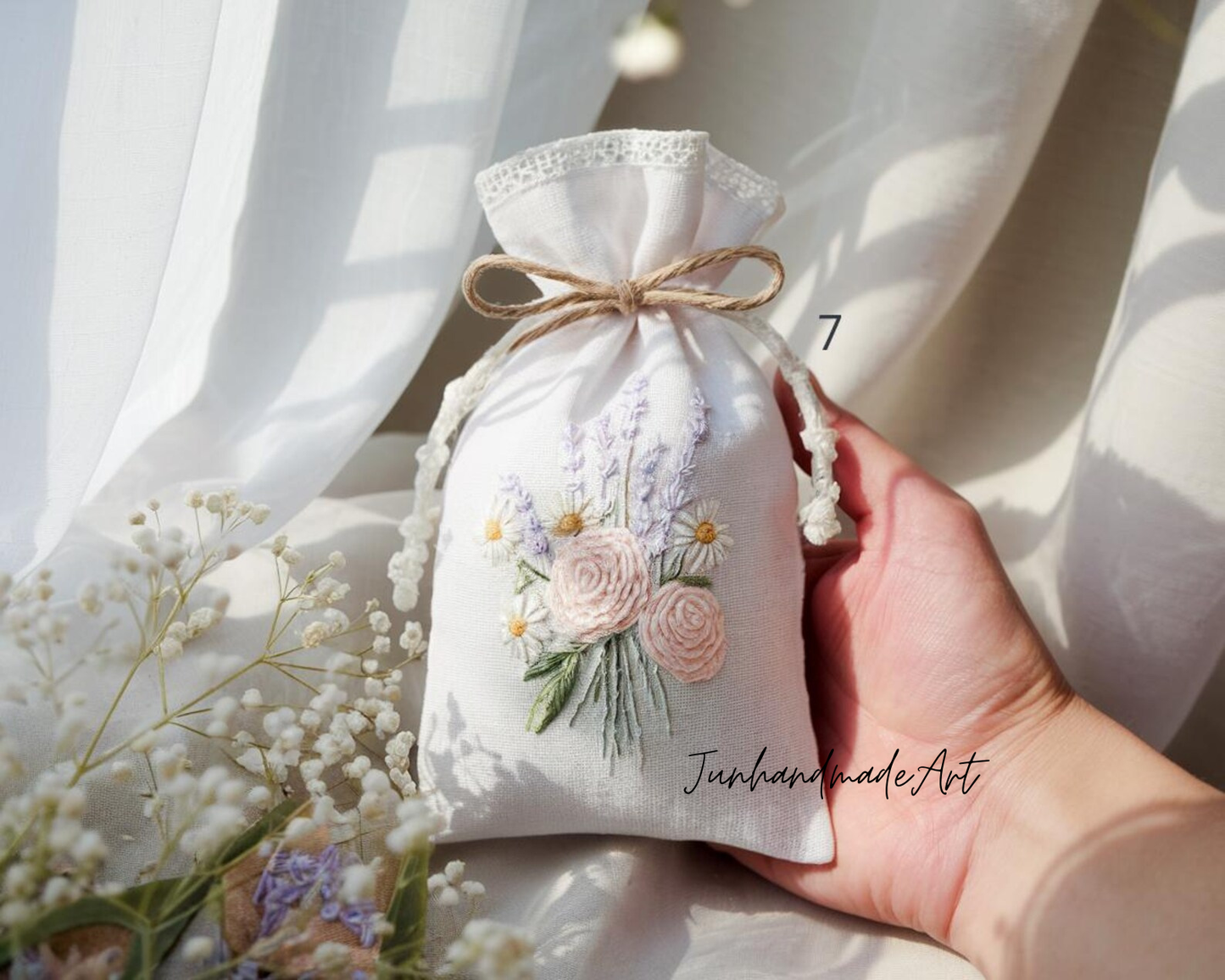 Personalized Embroidered Wedding Sachet Bag – Wedding Favor Gift, Linen Lavender Pouch, Custom Name & Date