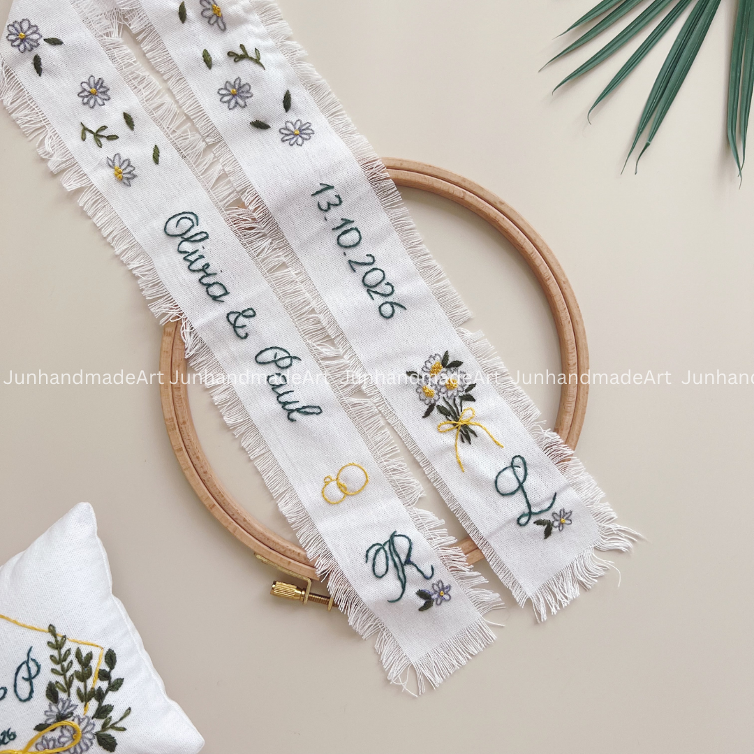 Little Flowers Embroidered Wedding Ribbon – Custom Linen Tie for Bouquet or Hair, Hand-stitched with Names & Date, Bridal Keepsake Gift