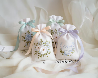 Personalized Embroidered Wedding Sachet Bag – Wedding Favor Gift, Linen Lavender Pouch, Custom Name & Date