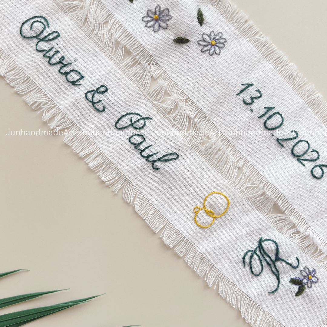 Little Flowers Embroidered Wedding Ribbon – Custom Linen Tie for Bouquet or Hair, Hand-stitched with Names & Date, Bridal Keepsake Gift