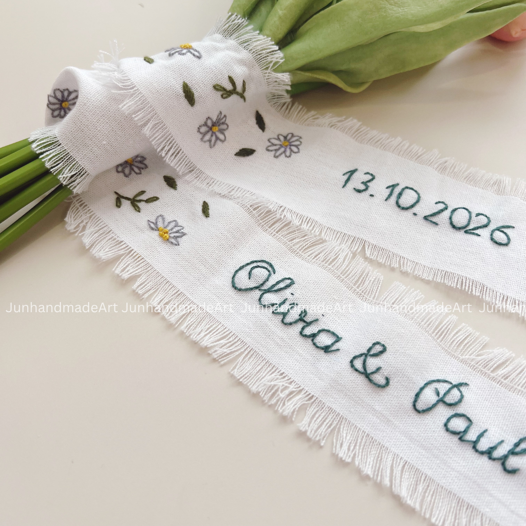 Little Flowers Embroidered Wedding Ribbon – Custom Linen Tie for Bouquet or Hair, Hand-stitched with Names & Date, Bridal Keepsake Gift