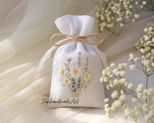 Personalized Embroidered Wedding Sachet Bag – Wedding Favor Gift, Linen Lavender Pouch, Custom Name & Date