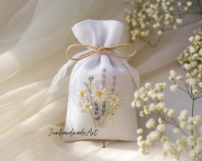 Personalized Embroidered Wedding Sachet Bag – Wedding Favor Gift, Linen Lavender Pouch, Custom Name & Date
