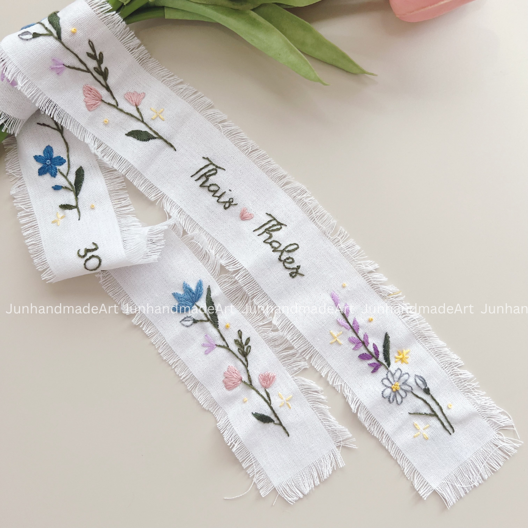 Personalized Set Embroidered Ring Bearer Pillow and Ribbon, Linen Wedding Cushion, Hand Embroidery Ring Holder, Floral Ring Pillow Wedding