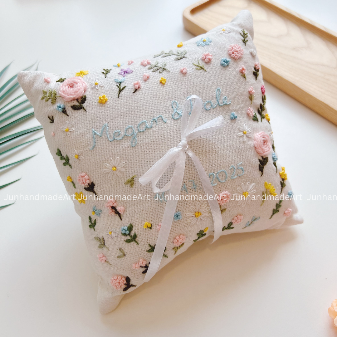 Pastel Little Flowers Bearer Pillow Linen Wedding Cushion Hand Embroidery Ring Holder Floral Ring Pillow Wedding Gift