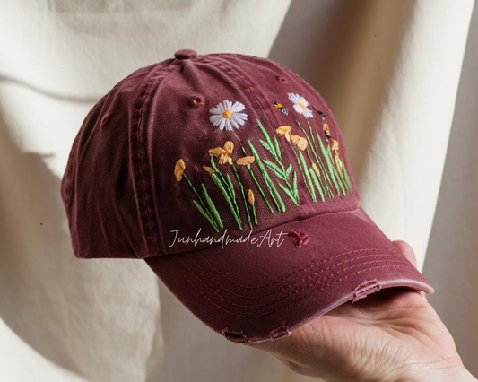 Embroidered Flower Hat – Vintage Washed Baseball Cap, Floral Cotton Hat, Soft Aesthetic Gift for Her