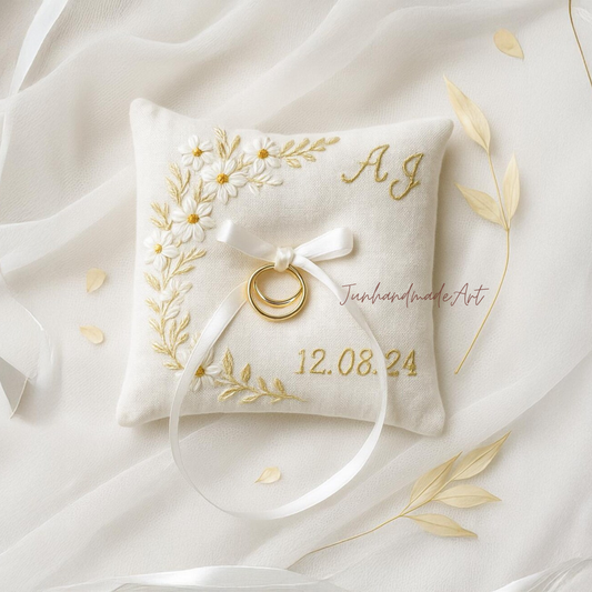 Personalized Embroidered Ring Bearer Pillow, Custom Linen Wedding Cushion, Hand Embroidery Ring Holder, Floral Ring Pillow, Wedding Gift