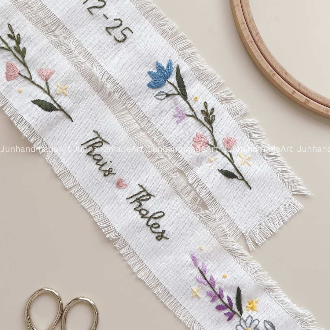 Personalized Set Embroidered Ring Bearer Pillow and Ribbon, Linen Wedding Cushion, Hand Embroidery Ring Holder, Floral Ring Pillow Wedding