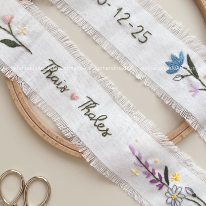 Personalized Set Embroidered Ring Bearer Pillow and Ribbon, Linen Wedding Cushion, Hand Embroidery Ring Holder, Floral Ring Pillow Wedding