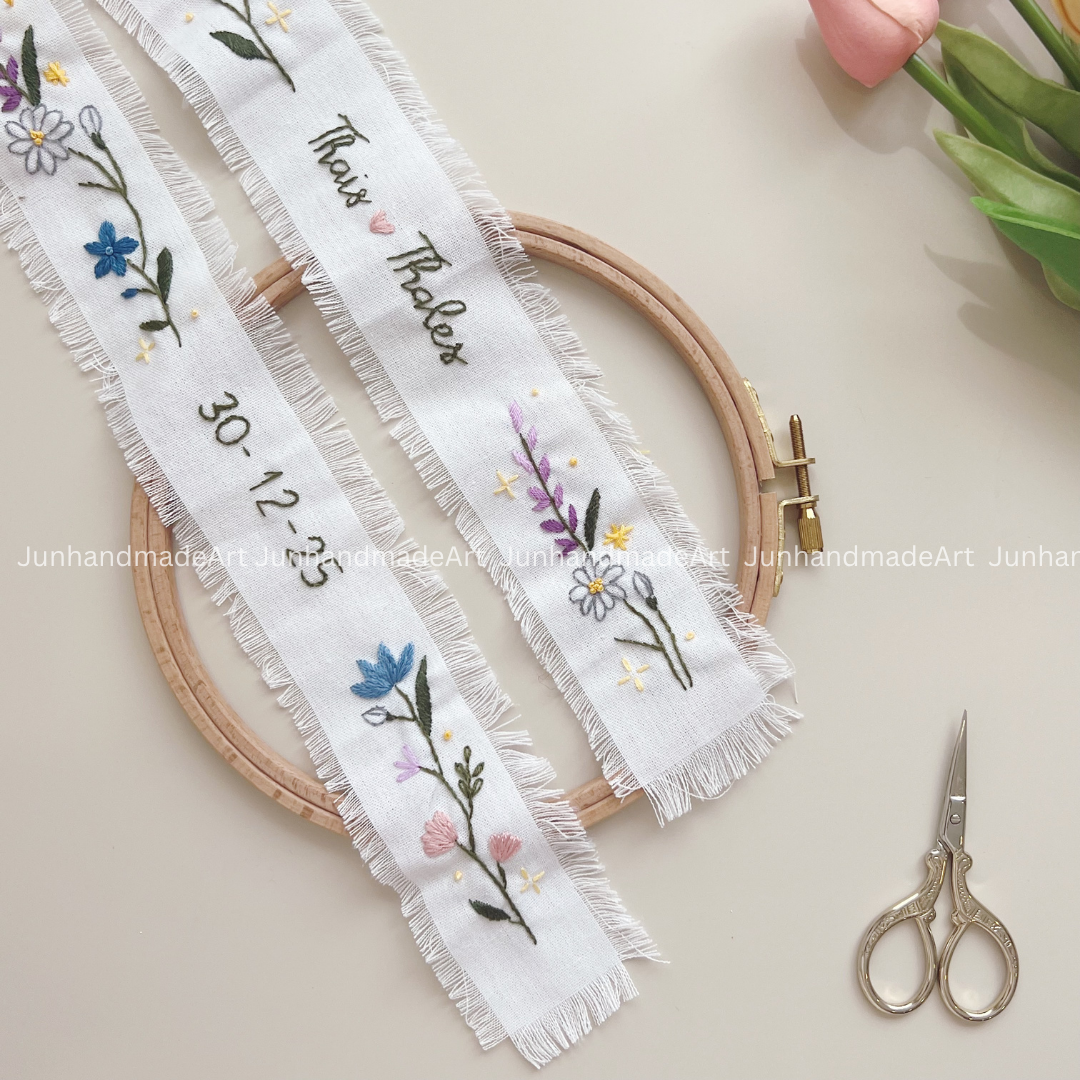 Personalized Set Embroidered Ring Bearer Pillow and Ribbon, Linen Wedding Cushion, Hand Embroidery Ring Holder, Floral Ring Pillow Wedding