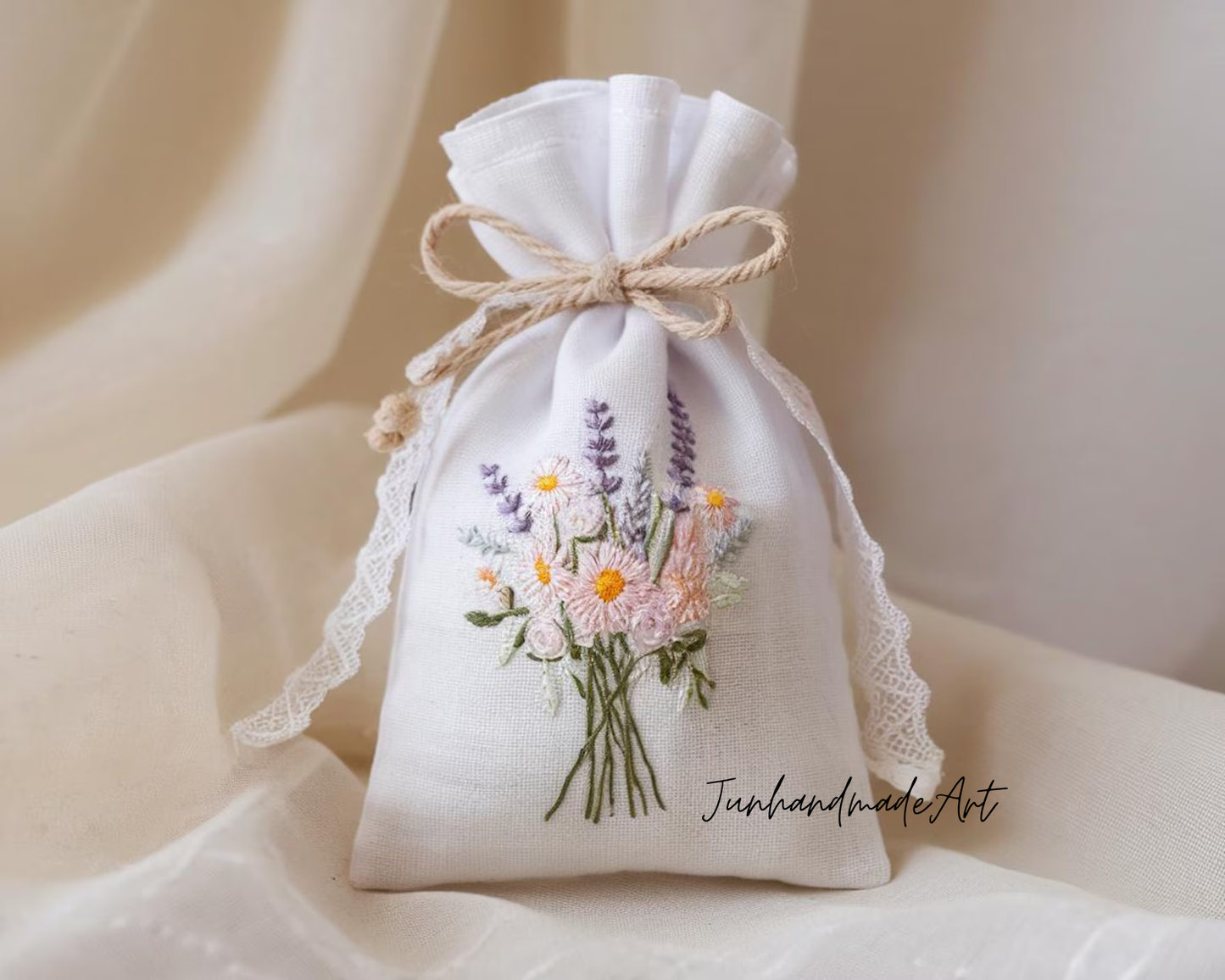 Personalized Embroidered Wedding Sachet Bag – Wedding Favor Gift, Linen Lavender Pouch, Custom Name & Date